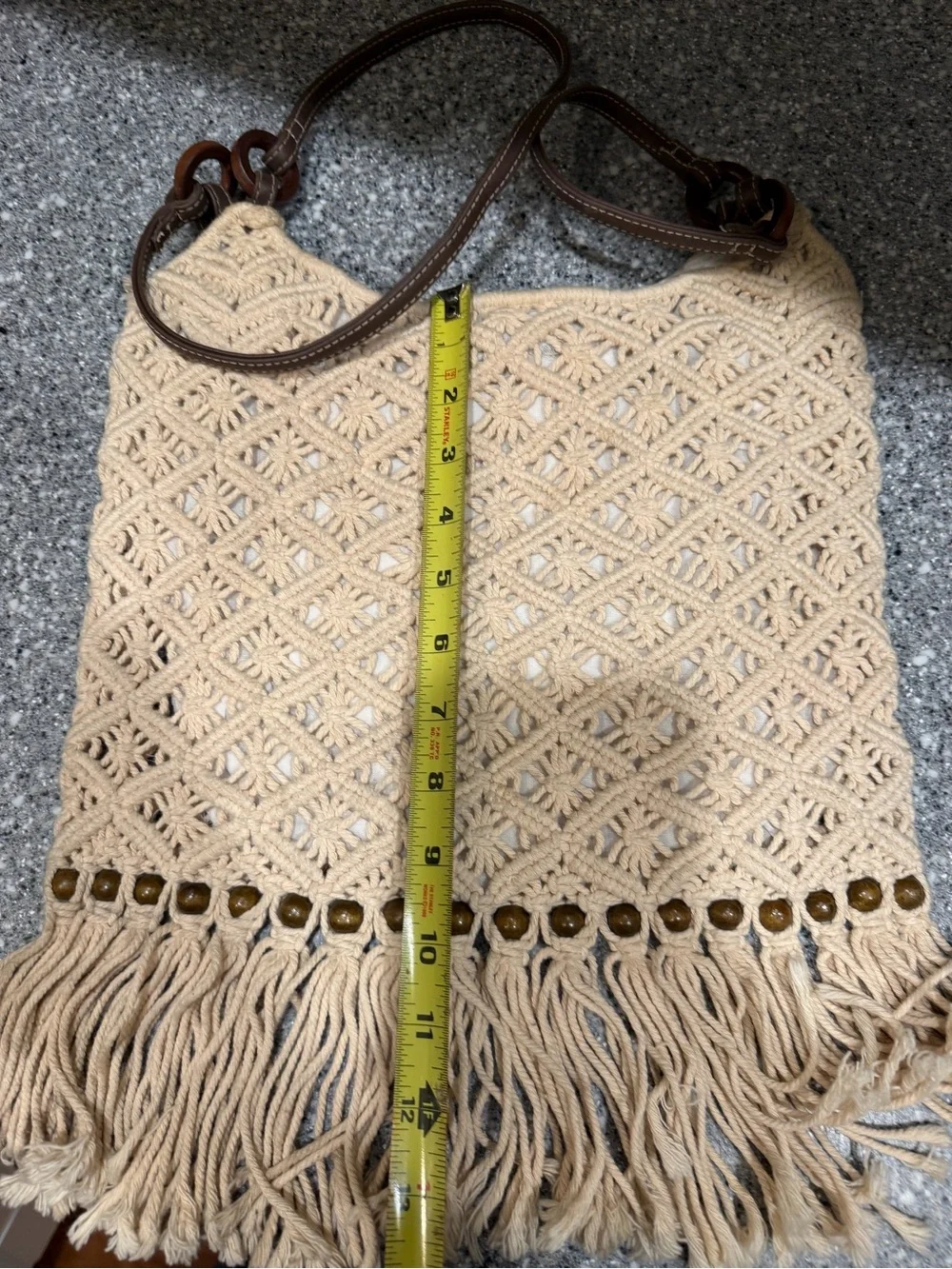 Woven Fringe Shoulder Bag in Cream with Brown Handles